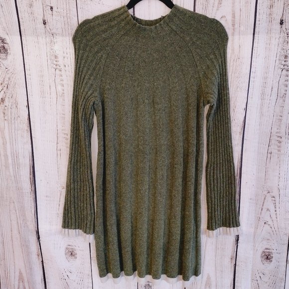 Anthropologie | Green Ribbed Bell Sleeve Mini Sweater Dress Wool & Alpaca Blend - Picture 4 of 12